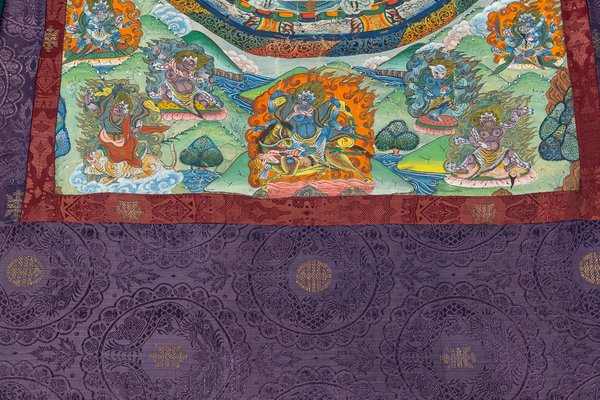 Tibetan Thangkas in Painted Fabric Framed in Silk and Velvet, 1950s, Set of 2-UJE-665879