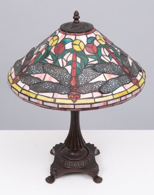 Tiffany Style Stained Glass Dragonfly Table Lamp, 1980s-GCG-1819845