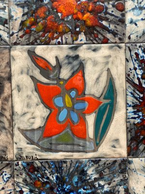 Tile Wall Hanging Tableau with Flowers from Vallauris, France, 1960s-KL-1436935