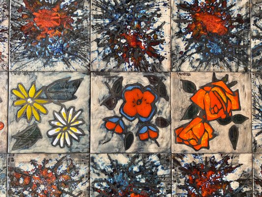 Tile Wall Hanging Tableau with Flowers from Vallauris, France, 1960s-KL-1436935