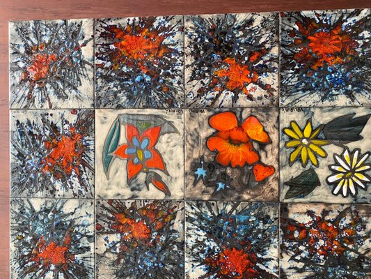 Tile Wall Hanging Tableau with Flowers from Vallauris, France, 1960s-KL-1436935