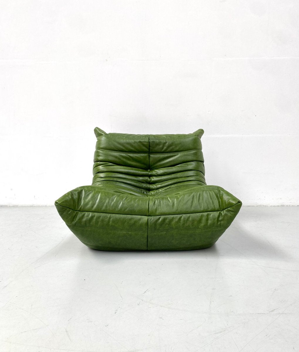 Togo Lounge Chair in Green Leather by Michel Ducaroy for Ligne Roset.