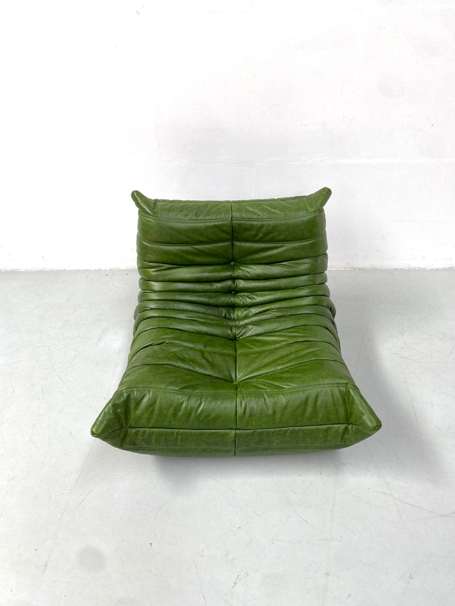 Togo Lounge Chair in Green Leather by Michel Ducaroy for Ligne Roset.