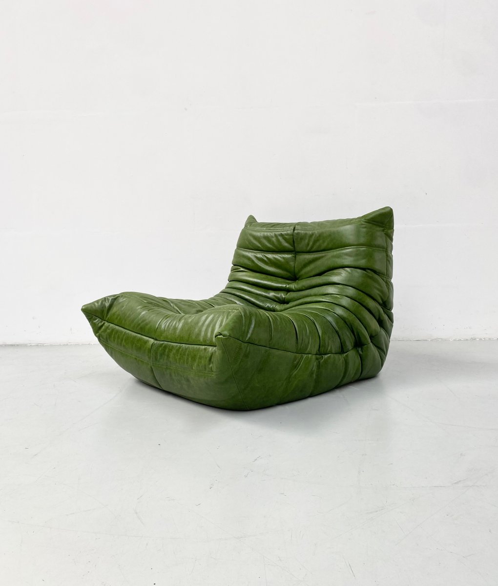 Togo Lounge Chair in Green Leather by Michel Ducaroy for Ligne Roset.