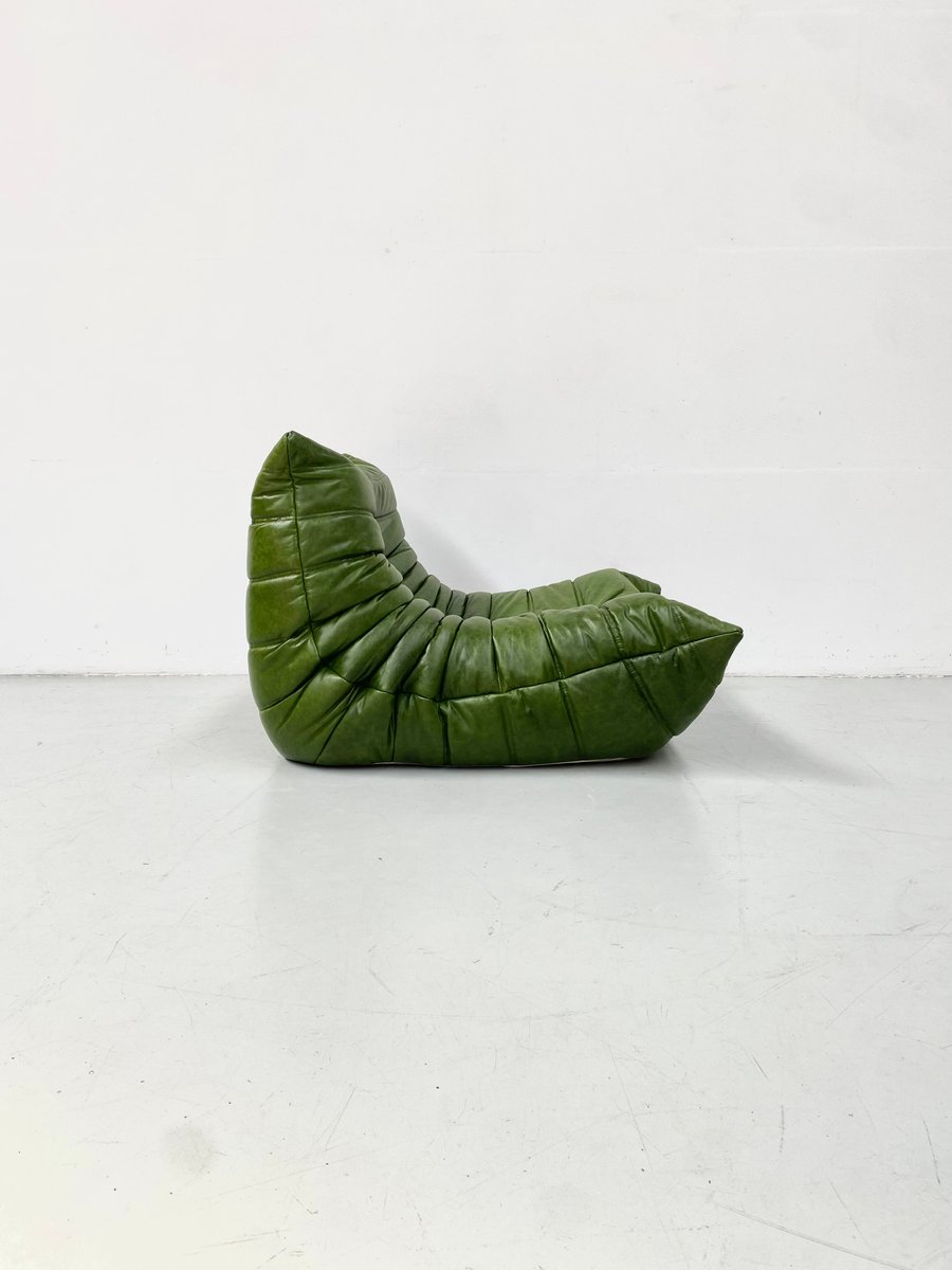 Togo Lounge Chair in Green Leather by Michel Ducaroy for Ligne Roset.