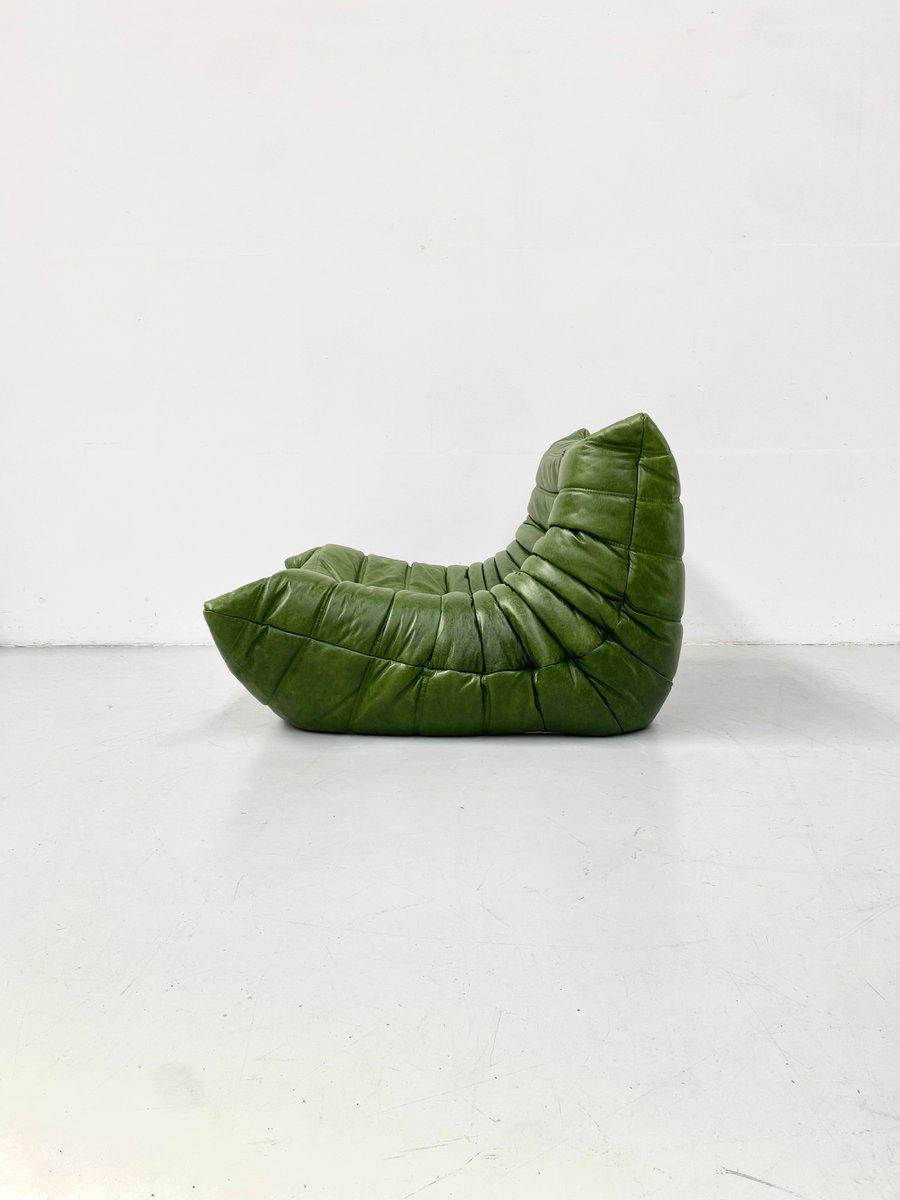 Togo Lounge Chair in Green Leather by Michel Ducaroy for Ligne Roset.