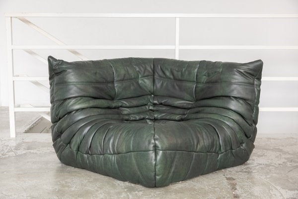 Togo Set in Green Dark Leather by Michel Ducaroy for Ligne Roset, Set of 5-RKX-2035647