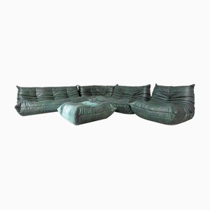 Togo Set in Green Dark Leather by Michel Ducaroy for Ligne Roset, Set of 5-RKX-2035647