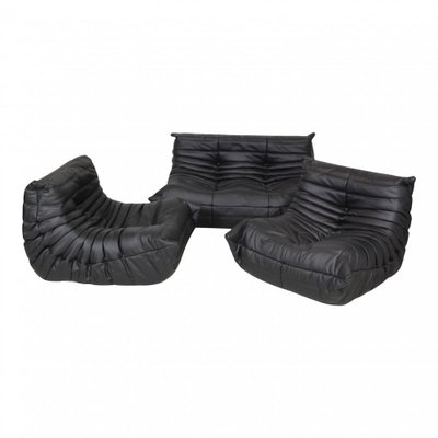 Togo Sofa Set in Black Leather by Michel Ducaroy for Ligne Roset, 1970s, Set of 3-MTD-1400838