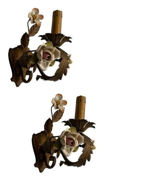 Tole Porcelain Flower Sconces, 1960s, Set of 2-JJC-1749550