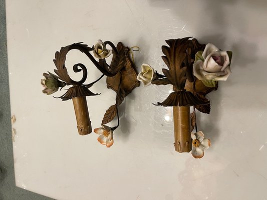 Tole Porcelain Flower Sconces, 1960s, Set of 2-JJC-1749550