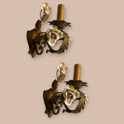 Tole Porcelain Flower Sconces, 1960s, Set of 2-JJC-1749550