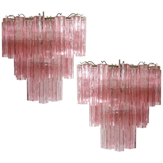 Toni Zuccheri Style Tronchi Chandeliers with 48 Pink Glasses in Murano, 1990, Set of 2