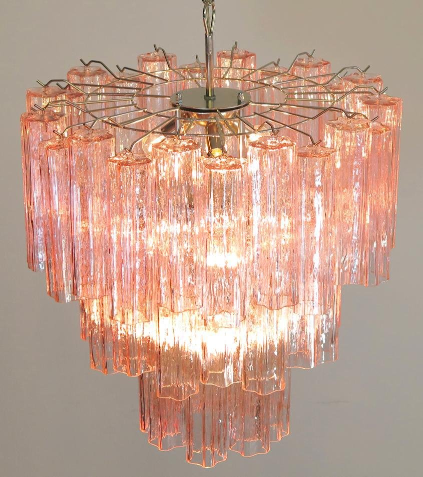 Toni Zuccheri Style Tronchi Chandeliers with 48 Pink Glasses in Murano, 1990, Set of 2