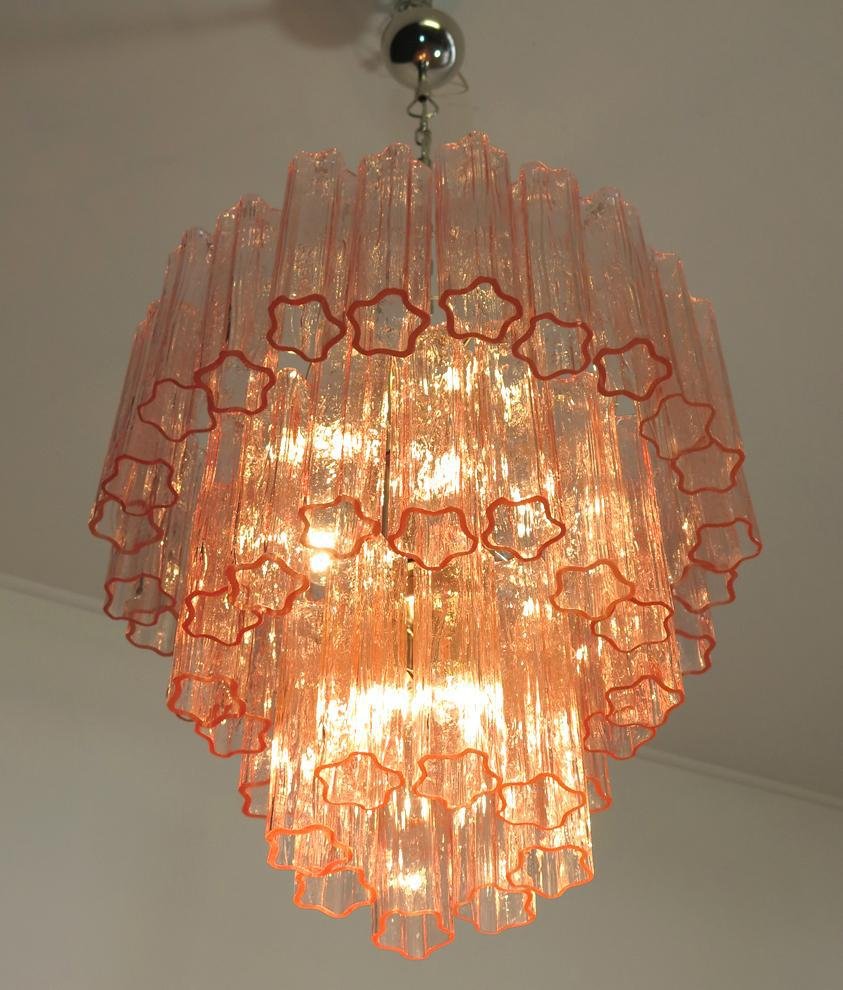 Toni Zuccheri Style Tronchi Chandeliers with 48 Pink Glasses in Murano, 1990, Set of 2