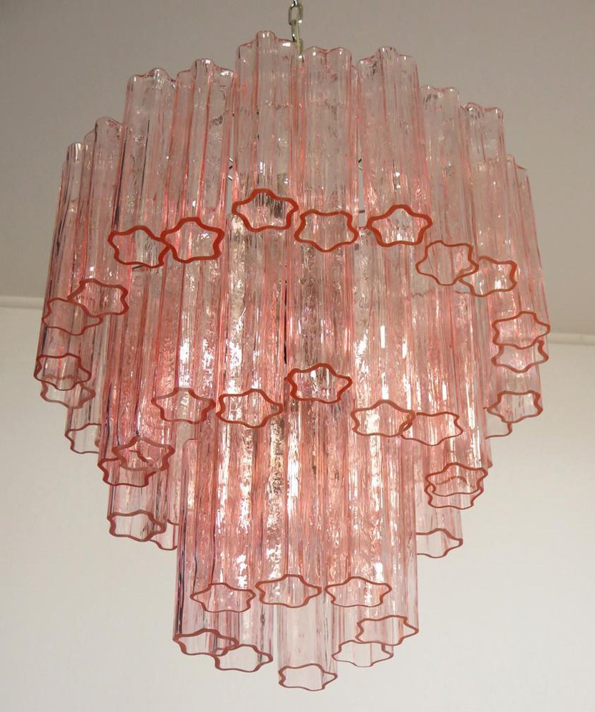 Toni Zuccheri Style Tronchi Chandeliers with 48 Pink Glasses in Murano, 1990, Set of 2