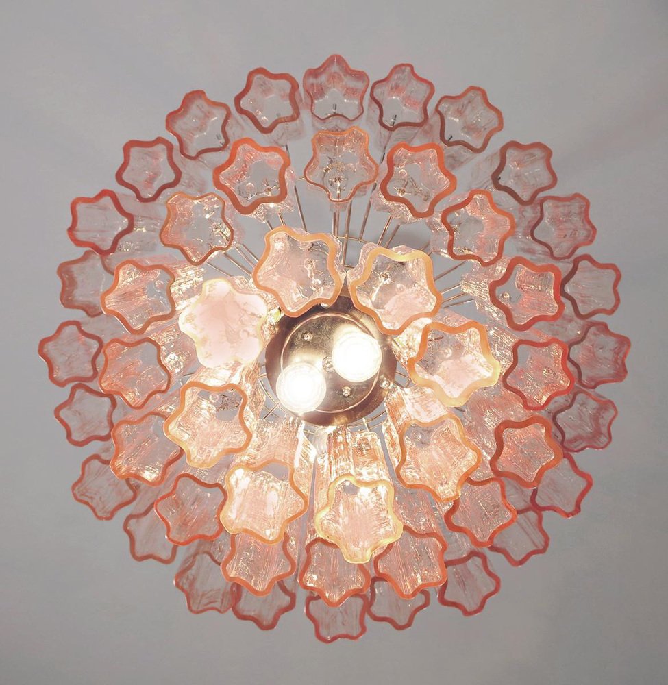 Toni Zuccheri Style Tronchi Chandeliers with 48 Pink Glasses in Murano, 1990, Set of 2