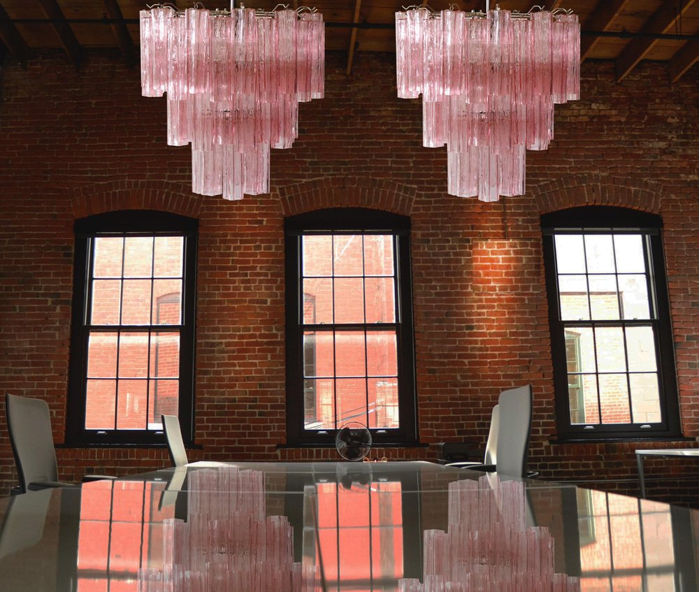 Toni Zuccheri Style Tronchi Chandeliers with 48 Pink Glasses in Murano, 1990, Set of 2