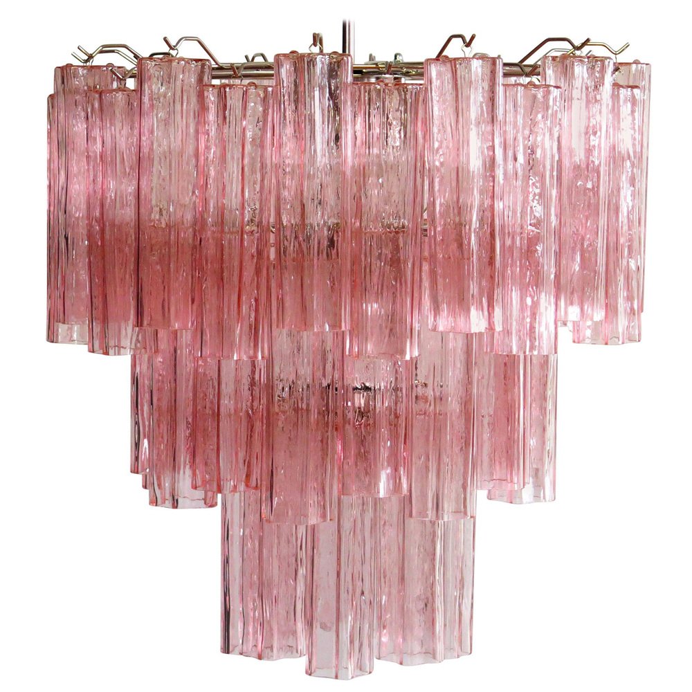 Toni Zuccheri Style Tronchi Chandeliers with 48 Pink Glasses in Murano, 1990, Set of 2