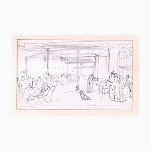 Tony Johannot - People in Room with Dog in the Middle - Original Pencil and ink-ZCI-876658