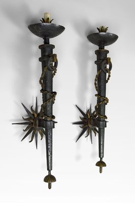 Torchiere Sconces in Wrought Iron by Gilbert Poillerat, France, 1930s, Set of 2-XNH-1816664