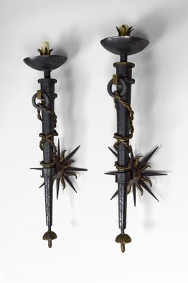 Torchiere Sconces in Wrought Iron by Gilbert Poillerat, France, 1930s, Set of 2-XNH-1816664