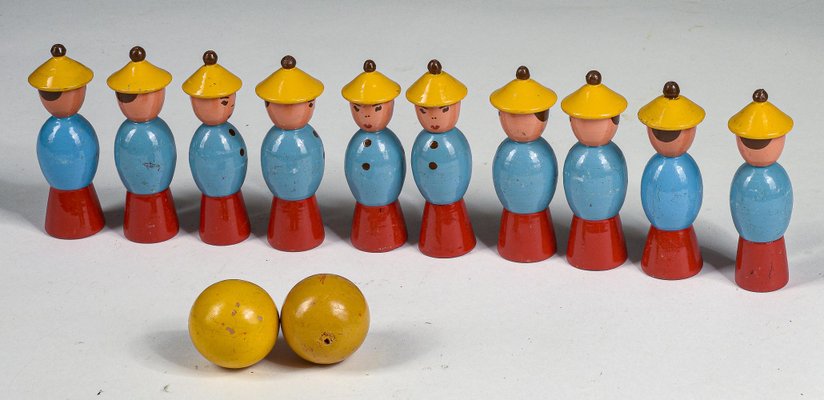 Toy Bowling Game with Figures in Yellow Hats and Balls, 1940s, Set of 12-RAQ-1418527