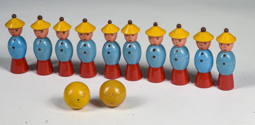 Toy Bowling Game with Figures in Yellow Hats and Balls, 1940s, Set of 12-RAQ-1418527