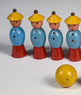 Toy Bowling Game with Figures in Yellow Hats and Balls, 1940s, Set of 12-RAQ-1418527