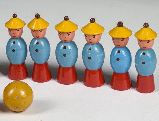 Toy Bowling Game with Figures in Yellow Hats and Balls, 1940s, Set of 12-RAQ-1418527