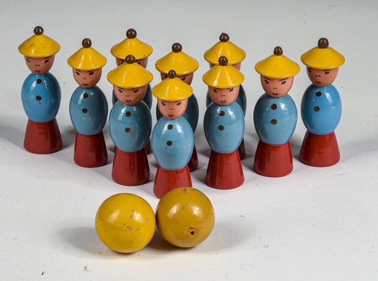 Toy Bowling Game with Figures in Yellow Hats and Balls, 1940s, Set of 12-RAQ-1418527