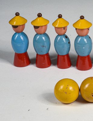 Toy Bowling Game with Figures in Yellow Hats and Balls, 1940s, Set of 12-RAQ-1418527