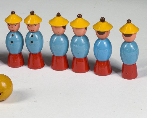 Toy Bowling Game with Figures in Yellow Hats and Balls, 1940s, Set of 12-RAQ-1418527