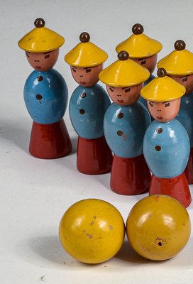 Toy Bowling Game with Figures in Yellow Hats and Balls, 1940s, Set of 12-RAQ-1418527