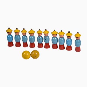 Toy Bowling Game with Figures in Yellow Hats and Balls, 1940s, Set of 12-RAQ-1418527