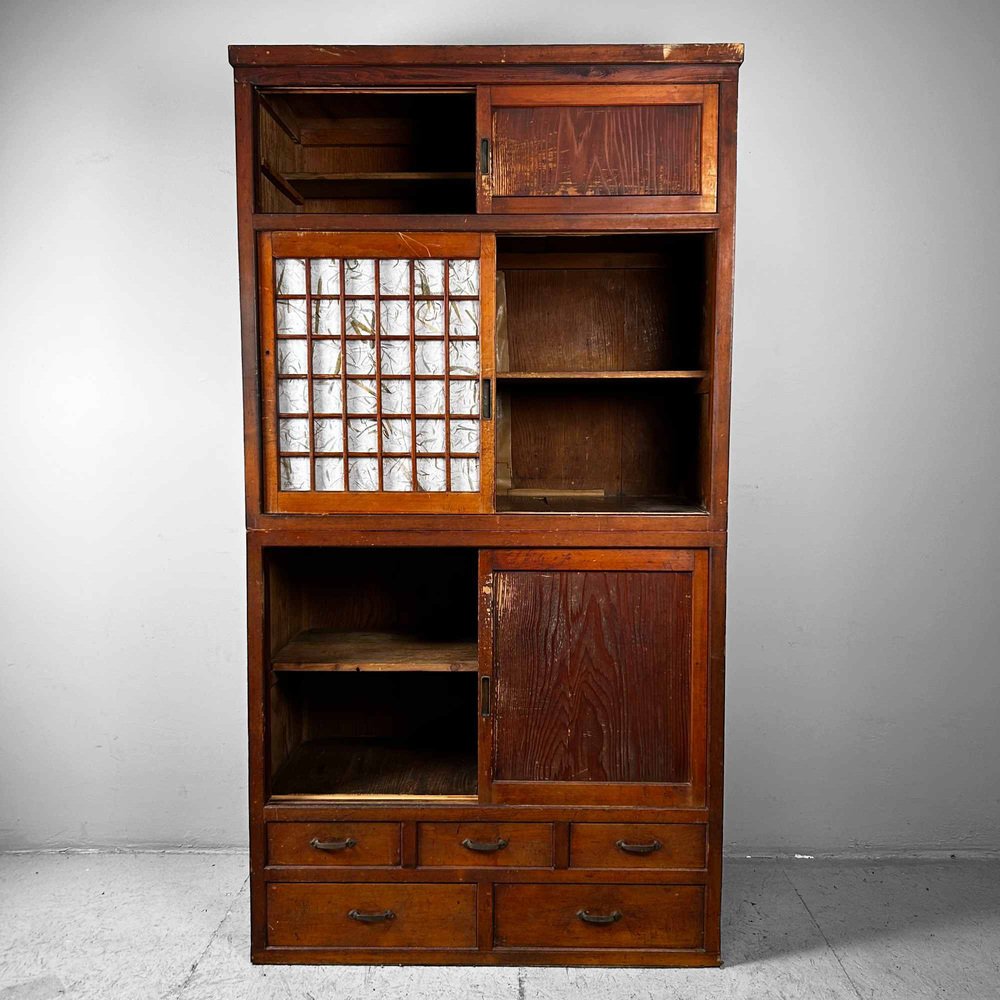 Traditional Japanese Tansu Storage Cabinet, 1920s, Set of 2