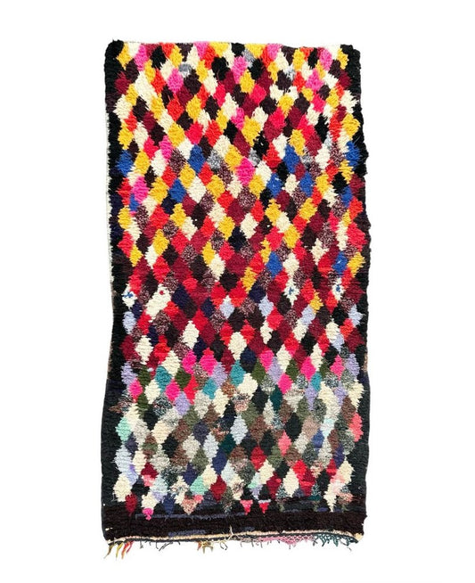 Traditional Moroccan Colorful Diamond Handwoven Boucherouite Berber Rug, 1980s