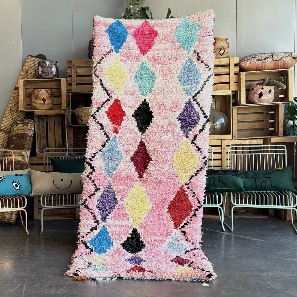 Traditional Moroccann Pink Handwoven Boucherouite Berber Cotton Rug, 1980s