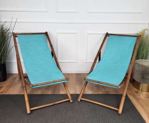 Transat Folding Deck Chair in Bamboo Wood and Fabric, 1970s-EUP-1725901