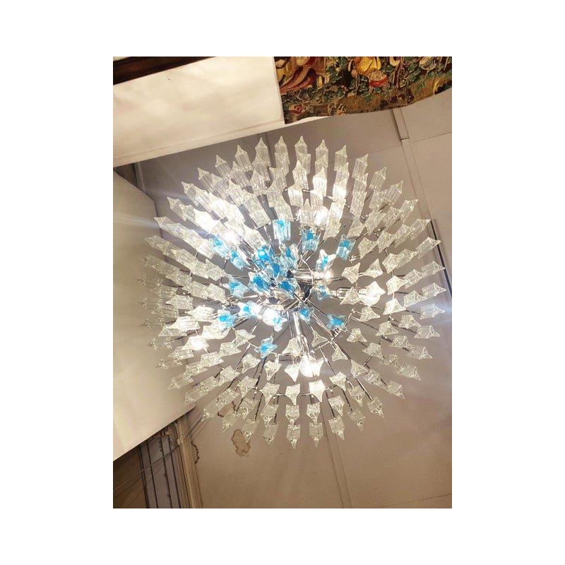 Transparent and Light Blue Triedro Chandelier in Murano Glass