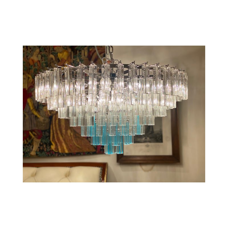 Transparent and Light Blue Triedro Chandelier in Murano Glass