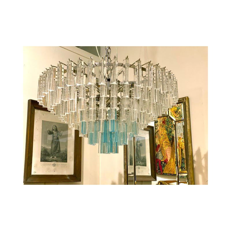 Transparent and Light Blue Triedro Chandelier in Murano Glass