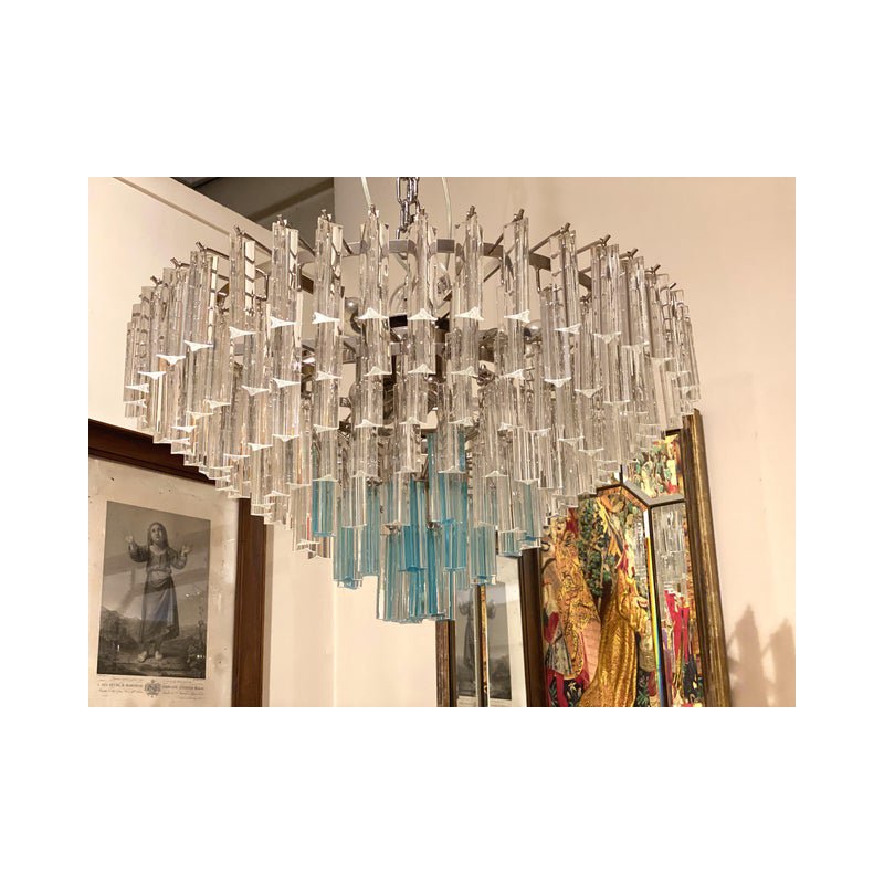 Transparent and Light Blue Triedro Chandelier in Murano Glass