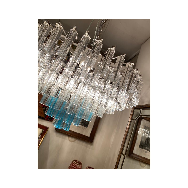 Transparent and Light Blue Triedro Chandelier in Murano Glass