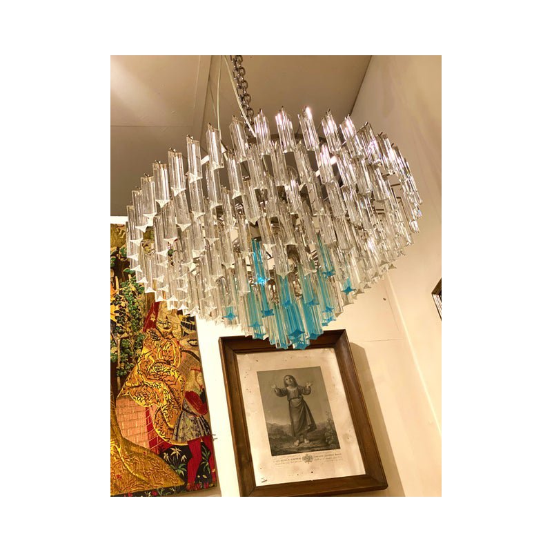 Transparent and Light Blue Triedro Chandelier in Murano Glass