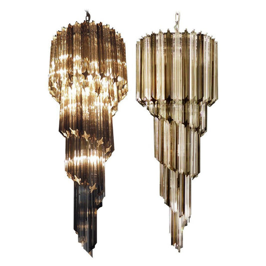 Transparent & Smoked Quadriedri Prism Murano Chandeliers, Set of 2