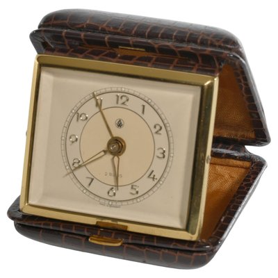 Travel Alarm Clock in Brass and Faux Snakeskin from G.W., Germany, 1950s-RUK-1758044