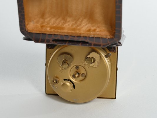 Travel Alarm Clock in Brass and Faux Snakeskin from G.W., Germany, 1950s-RUK-1758044