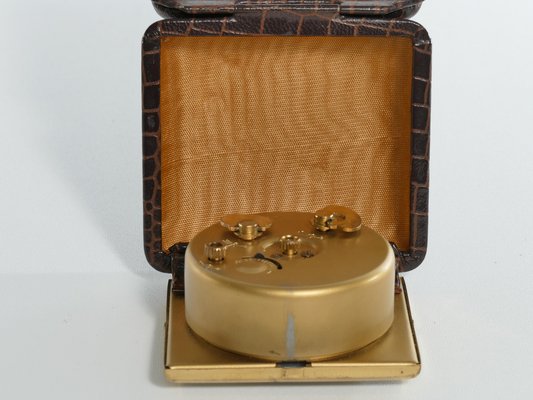 Travel Alarm Clock in Brass and Faux Snakeskin from G.W., Germany, 1950s-RUK-1758044