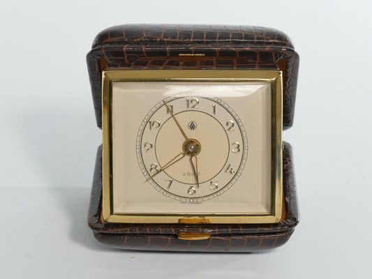 Travel Alarm Clock in Brass and Faux Snakeskin from G.W., Germany, 1950s-RUK-1758044